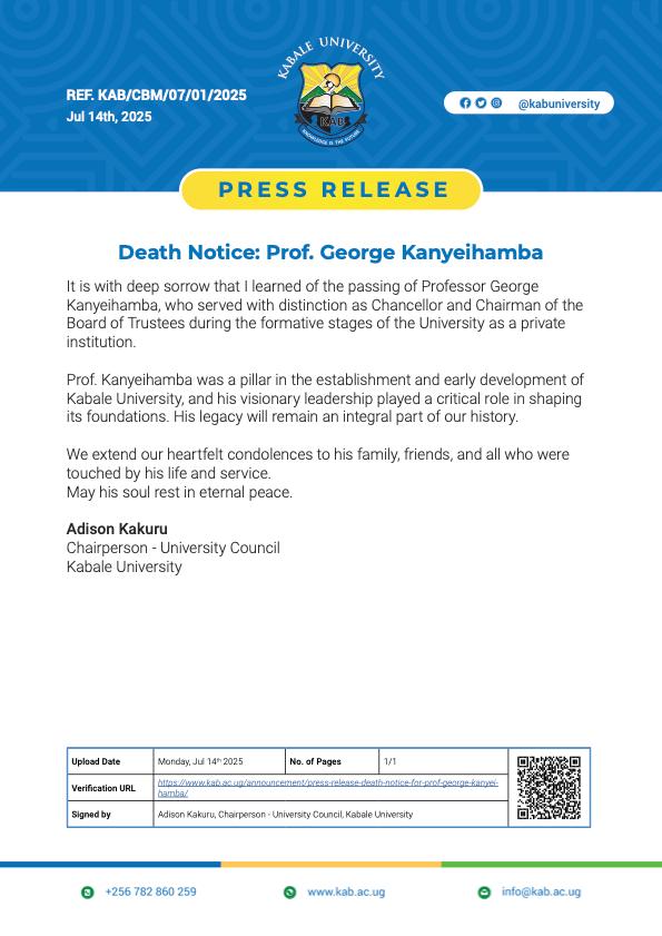 Kabale University (@kabuniversity) on Twitter photo We join the rest of the world in celebrating our founding Chancellor, Prof. George W. Kanyeihamba! He was a visionary nemesis of his time, and now he rests with the angels. You will be remembered for generations to come for your contribution and sacrifice <a href="/kabuniversity/">Kabale University</a> We join the rest of the world in celebrating our founding Chancellor, Prof. George W. Kanyeihamba! He was a visionary nemesis of his time, and now he rests with the angels. You will be remembered for generations to come for your contribution and sacrifice <a href="/kabuniversity/">Kabale University</a>