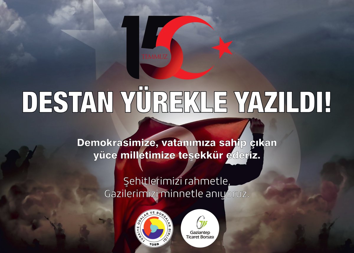 🇹🇷 Destan Yürekle Yazıldı 🇹🇷

Demokrasiye, bayrağa ve vatanımıza canı pahasına sahip çıkan aziz milletimize sonsuz şükranlarımızı sunuyoruz.

Şehitlerimizi rahmet ve saygıyla, gazilerimizi minnet ve şükranla anıyoruz.

Bu destanı yazan yürekleri asla unutmayacağız.

#15Temmuz