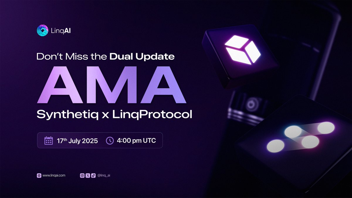 linq_ai's tweet image. 🎙️ Dual Update AMA – July 17th 🎙️
📅 Thursday, July 17
⏲️ 4 PM UTC | 12 PM EDT | 12 AM SGT
🐦 X Spaces
We’re going live to share the latest updates across #Synthetiq and #LinqProtocol, and answer your questions.
🔷 What’s on the agenda?
• Major updates across the board
•…