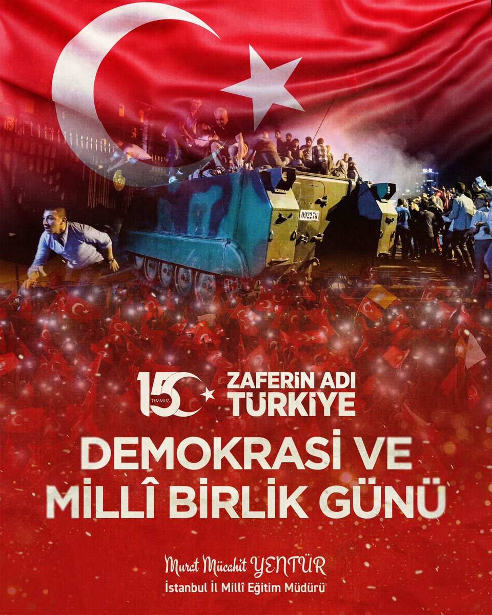🇹🇷 15 Temmuz, hain terör örgütü FETÖ’nün darbe girişimine karşı milletimizin yekvücut olarak sergilediği iman, cesaret ve direnişin unutulmaz destanıdır.

Aziz şehitlerimizi rahmetle, kahraman gazilerimizi minnetle yâd ediyor; bu topraklarda ihanetin asla galip gelmeyeceğini bir