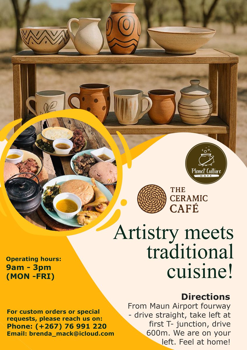 _MmaMotse_'s tweet photo. Are you in or planning a trip to Maun? 
Please visit Planet Culture Cafe to satisfy your Setswana Cuisine cravings as well as unleash your creativity; our Art menu has ceramic and canvas options to choose from (available from 15 July 2025). 🎨🎨🎨 🍽️🍽️🍽️ https://t.co/cPinakAfg1
