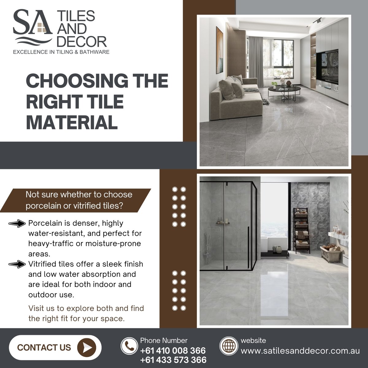 satilesanddecor's tweet image. Porcelain vs. Vitrified—Which tile suits your space?

✨ Porcelain: Strong &amp;amp; water-resistant
✨ Vitrified: Sleek &amp;amp; low absorption

Visit us to explore both!
📍 Green Fields, SA
🌐 bit.ly/40cJAcI

#SATilesAndDecor #TileGuide #AdelaideTiles