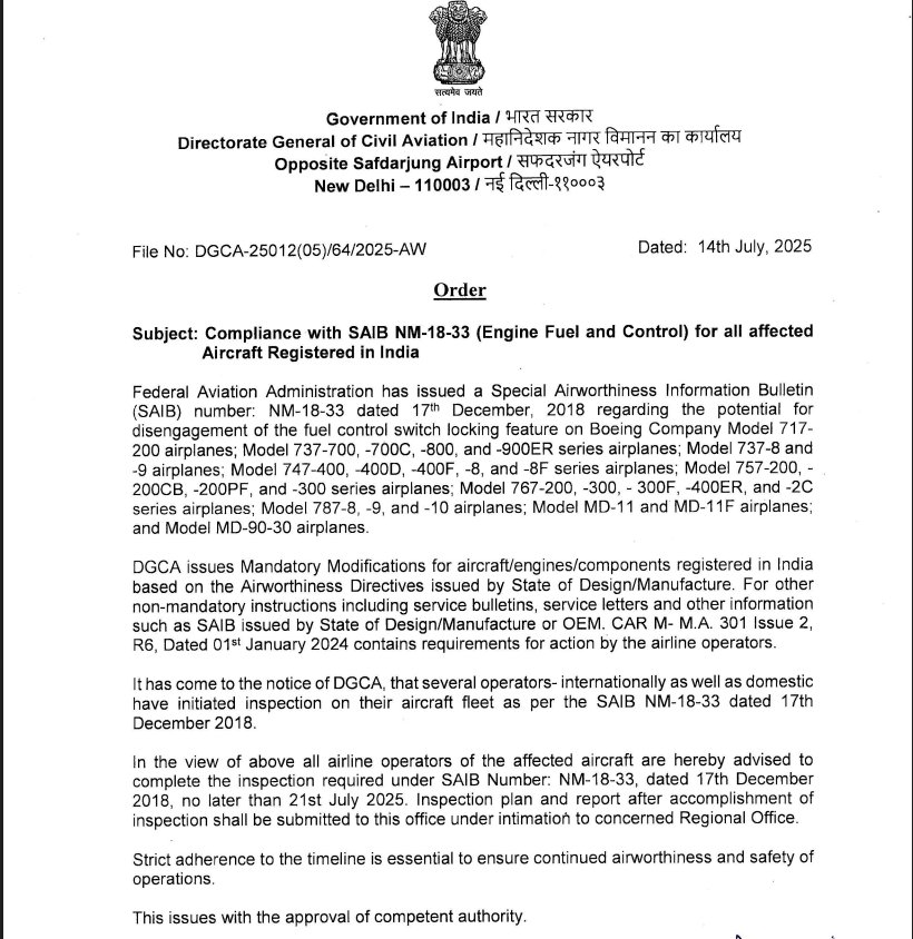 Finally some sense!

<a href="/DGCAIndia/">DGCA</a> issues directive to make it mandatory to be compliant with the SAIB NM-18-33 advisory from 2018. All inspections to be completed by 21st July.

A step in the right direction for now to ensure safer skies.
#AI171 #airindiaplanecrash #AirIndia #DGCA