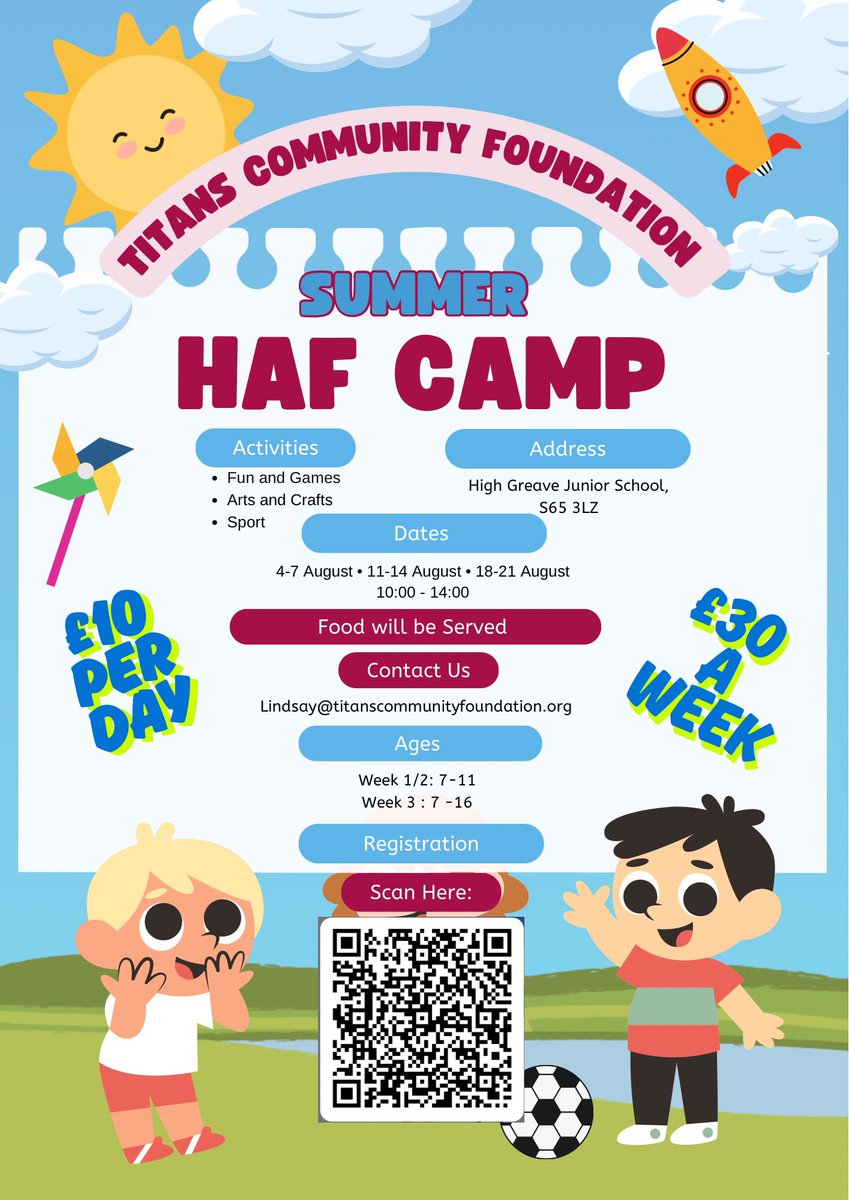 TCFRotherham's tweet image. Donโt forget to sign up for our HAF camps.
2 different camps, 2 different locations.
Different focus, different skills. Same amount of fun ๐๐ป