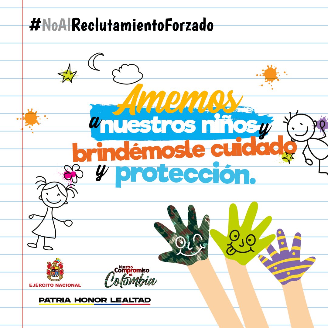 COL_EJERCITO's tweet photo. Toda acción militar que se desarrolle contra los grupos armados organizados no puede poner en riesgo la integridad de niños, niñas y adolescentes. Debemos protegerlos y cuidarles su niñez. 

#RespetamosDDHH https://t.co/VU0AoBesti