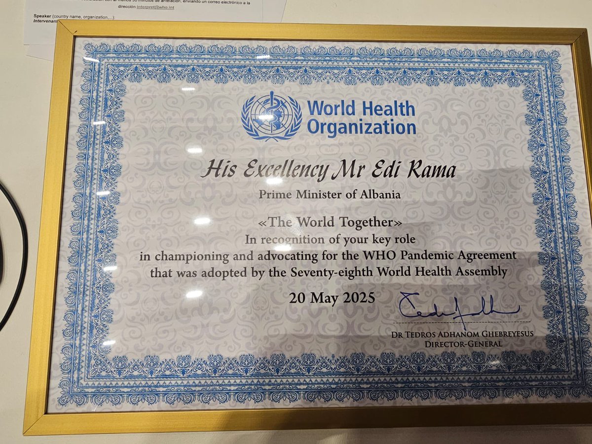 Powerful recognition of leadership in global health.

Ambassador Vasilika Hysi was honoured to receive the “The World Together” Certificate of Appreciation on behalf of His Excellency Mr. Edi Rama Prime of Republic of Albania – in recognition of his advocacy for the WHO Pandemic