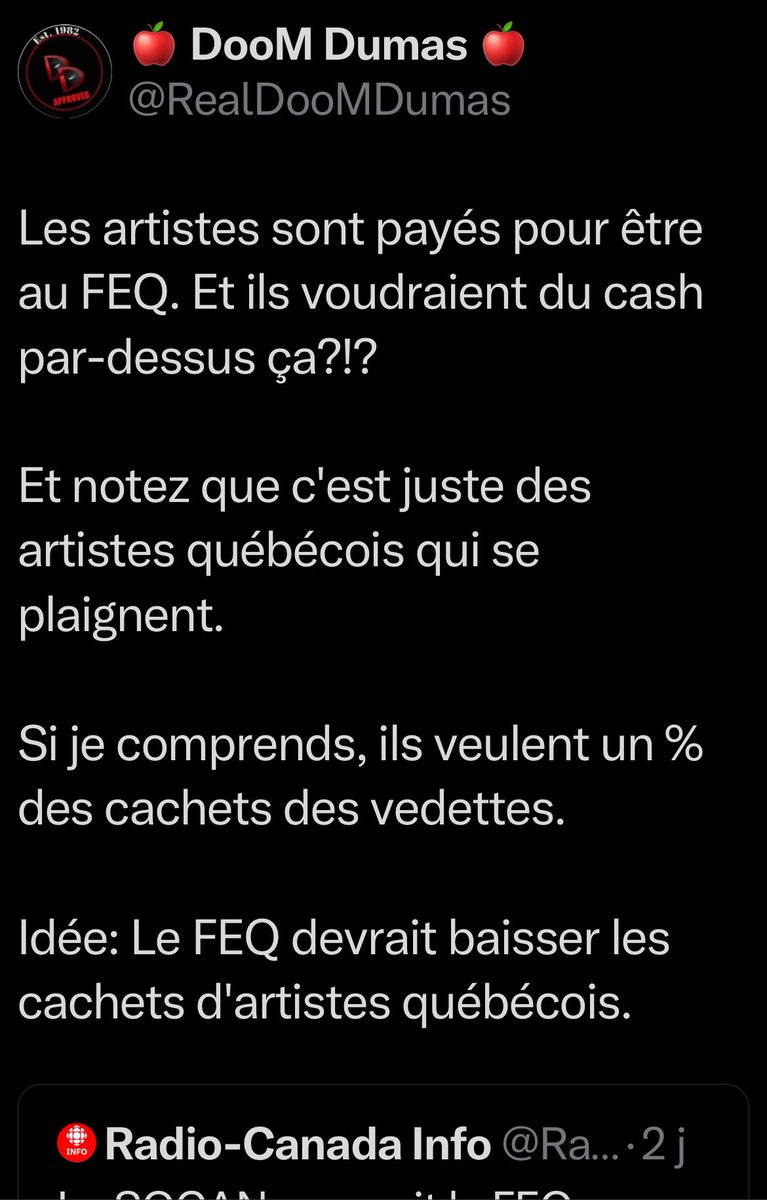 DoomDumas's tweet image. Salut @realdoomdumas! Comment ça va l'hypothèque que tu ne peux pas te payer parce que tu n'a jamais fait d'argent?
TK, merci de tes conseils économiques hein! 🤡🏴☠️
PS Hey @CHOIRadioX, aviez vous manqué le jeff fillion fait par @realdoomdumas?!