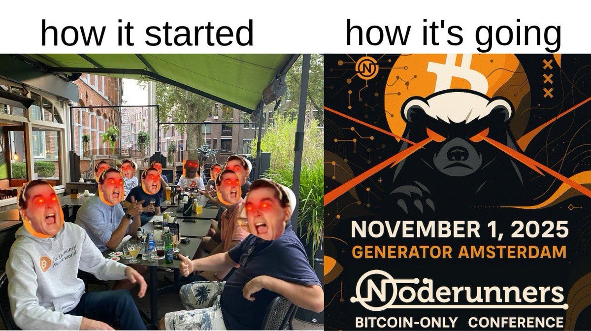 Limburg3rt04's tweet photo. THE DUTCH NODERUNNERS BITCOIN ONLY CONFERENCE ON NOVEMBER 1st..

THE NODERUNNERS AS A GROUP OF BITCOIN MAXIS WERE FOUNDED AT BLOCK #701301

It's going to be wild!🔥
TICKETS: https://t.co/qFZOext9hQ https://t.co/EDDn25zeaT