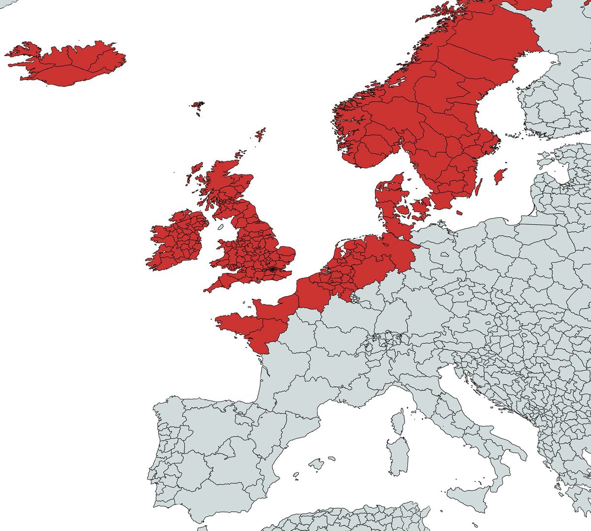 owen_mccor's tweet image. Uncommon for Irish diaspora a couple of generations deep in the US, Canada, etc. to be purely Irish or even genetically Irish-like. Ancestry outside of this approximate region pulls you out of the Irish cluster. Same is true for other groups of course - melting pot horror show.