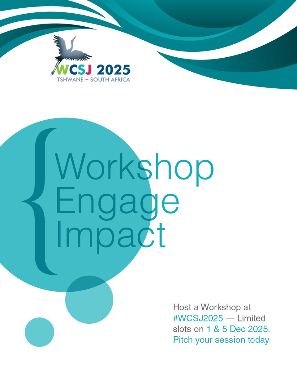 WCSJ2025 (@wcsj2025) on Twitter photo Host a workshop at #WCSJ2025!
Share your tools, skills & expertise with science journalists from around the world.
Limited slots on 1 & 5 Dec 2025 at CSIR ICC, Pretoria.
 🔗Details & proposals: shorturl.at/puGcC
#WCSJ2025 #ScienceJournalism #ScienceCommunication #SciComm Host a workshop at #WCSJ2025!
Share your tools, skills & expertise with science journalists from around the world.
Limited slots on 1 & 5 Dec 2025 at CSIR ICC, Pretoria.
 🔗Details & proposals: shorturl.at/puGcC
#WCSJ2025 #ScienceJournalism #ScienceCommunication #SciComm