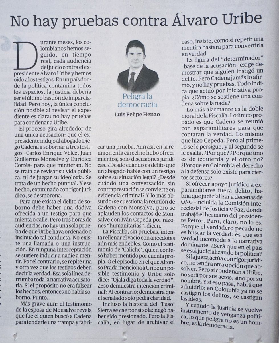 NicolasUmana's tweet image. Totalmente de acuerdo con esta columna de @luisfelipehenao en @ELTIEMPO de hoy, No hay pruebas contra Álvaro Uribe. Lectura recomendada:
