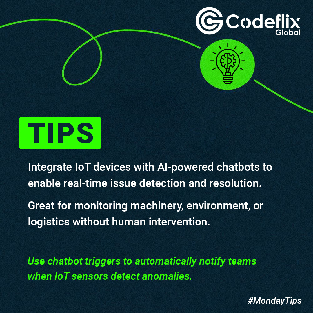 Codeflixglobal's tweet image. Link IoT devices with AI chatbots to detect issues in real time and cut downtime—no manual checks needed.
Streamline monitoring &amp;amp; logistics effortlessly.

#Codeflix #IoTStrategy #AIChatbots #SmartMonitoring #AutomationTips #Industry40 #Tipoftheday #MondayTips #Tips