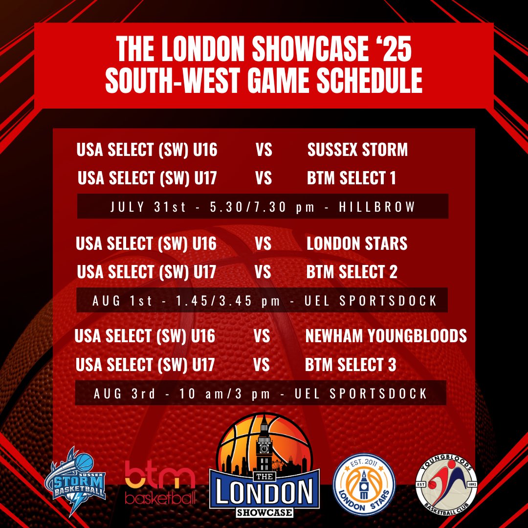 The London Showcase '25 – USA Select Game Schedules 🏀

A strong lineup of games ahead this summer, featuring high-level American and British talent and competitive matchups throughout.

🎟 Free entry
📺 All games live streamed

#TheLondonShowcase