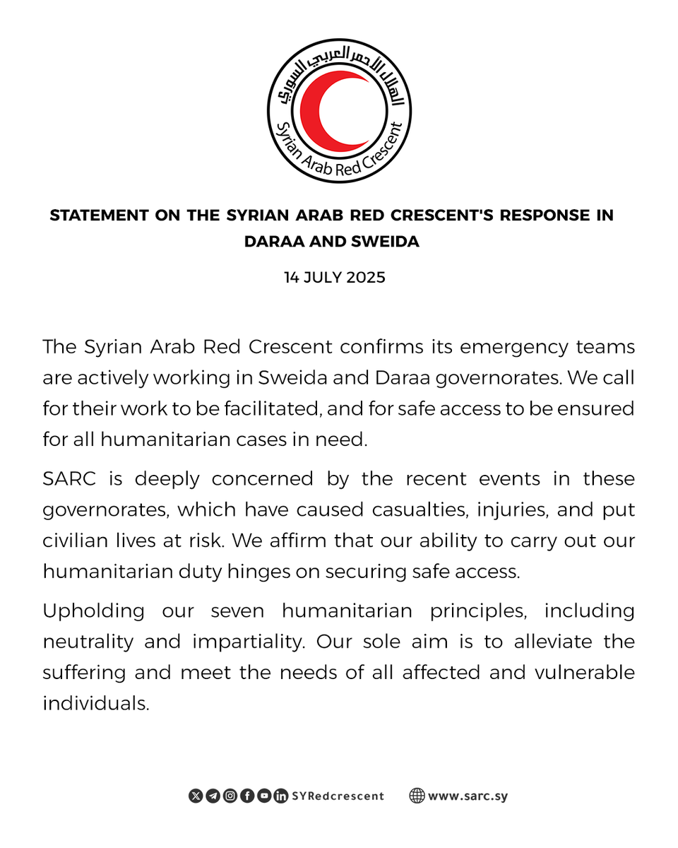 SYRedCrescent's tweet image. بيان حول استجابة #الهلال_الأحمر_العربي_السوري في #درعا و #السويداء
Statement on the #SyrianArabRedCrescent response in #Daraa and #Sweida