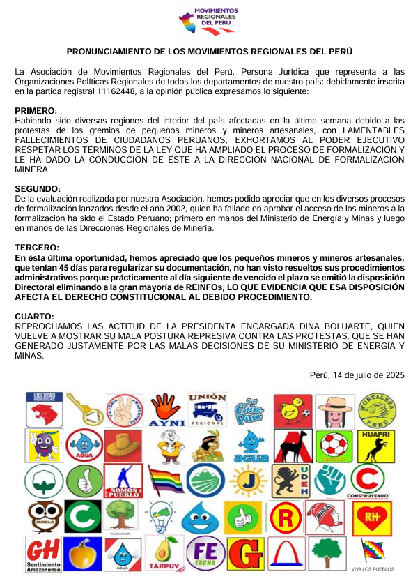 MovRegionales's tweet image. @MovRegionales Exhortan a @presidenciaperu y @pcmperu a respetar debido procedimiento de pequeños mineros y mineros artesanales
@RPPNoticias @exitosape @elcomercio_peru @larepublica_pe @canalN_ @Latina_Noticias @PTV_Noticias @ensustrece