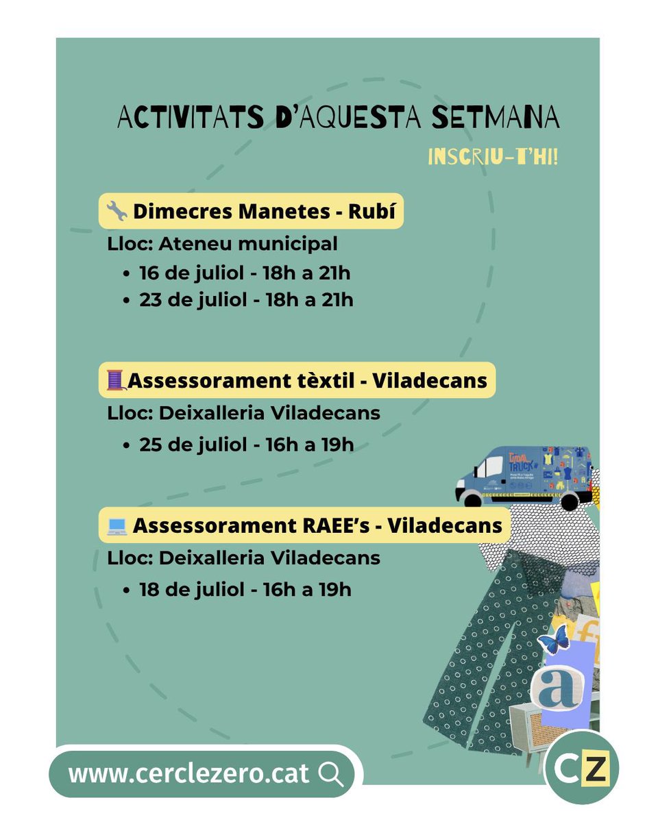 Solidanca's tweet image. ☀️ L’estiu avança, però a Cercle Zero encara queden oportunitats per reparar, reutilitzar i aprendre abans de les vacances!

📲 Consulta totes les dates a la imatge i inscriu-te a 👉 cerclezero.cat

#CercleZero #Reutilitza #Repara #Rubí #Viladecans #EconomiaCircular