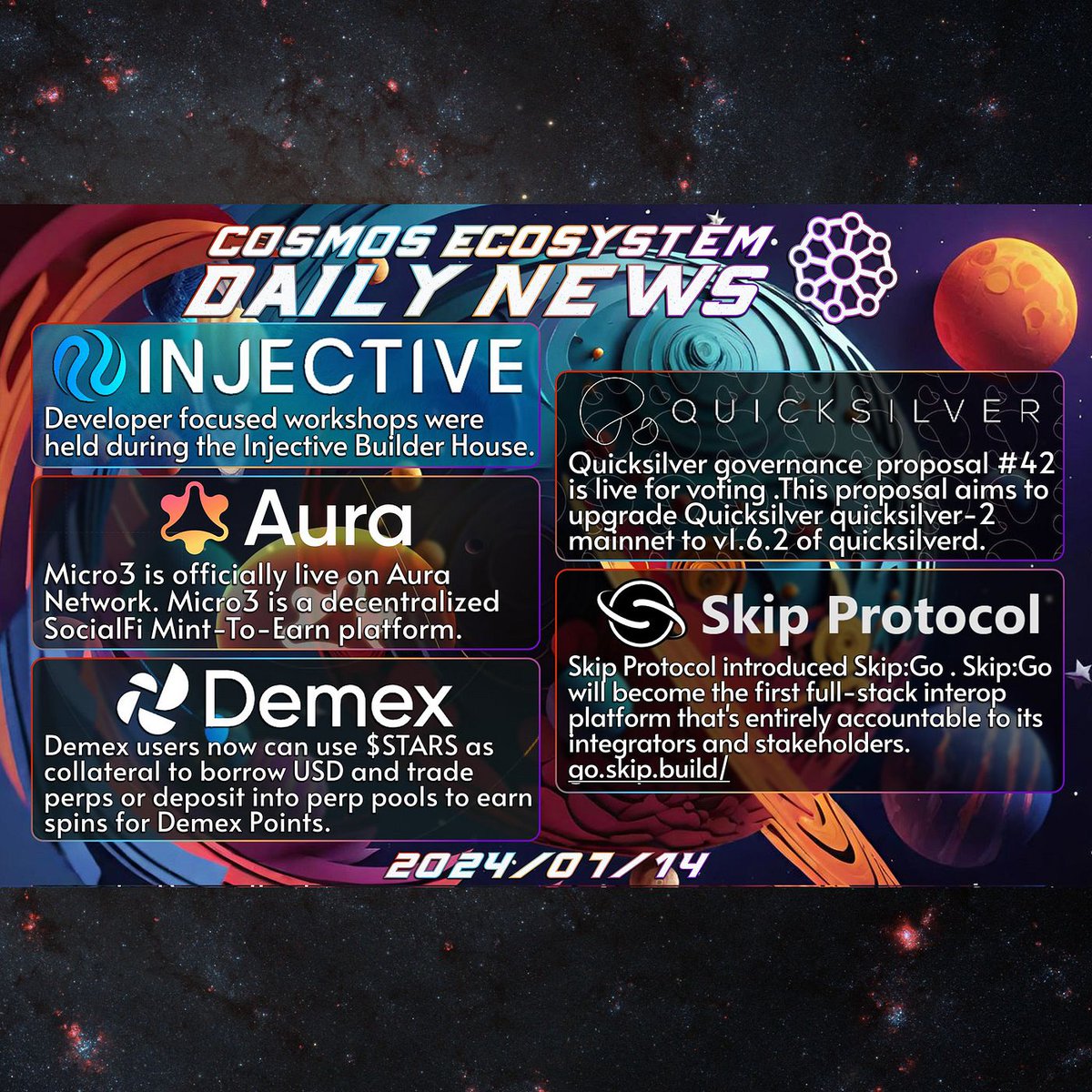 LexTheDarkSide's tweet photo. https://t.co/dtoQwuxoaq
@CosmosEcosystem #News #NFT #BirthDay
#AURA #DEMEX #INJ #DAY #QCK #SKIP https://t.co/a8SNa6lgOx