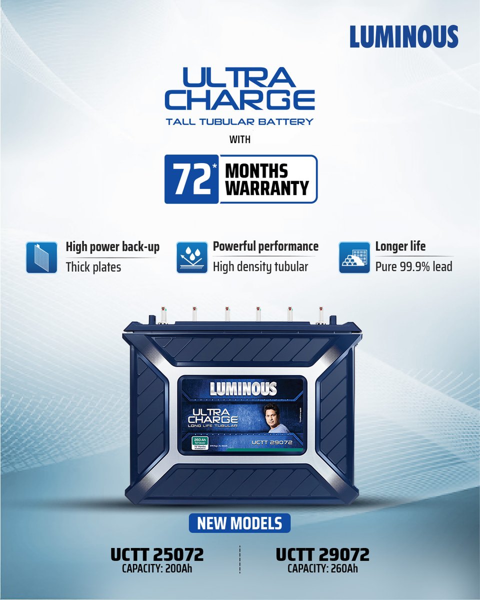All-new Ultra Charge Tall Tubular Batteries: UCTT 25072 &amp; UCTT 29072

With powerful 200Ah and 260Ah capacities and a 72-month warranty, these batteries deliver:
High power backup with thick plates
Strong performance with high-density tubular tech
Longer life with 99.9% pure lead