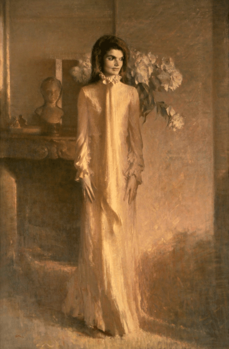 scooby_doomed's tweet image. down with the establishment but Jackie Kennedy's official White House portrait by Shikler is haunting and beautiful and perfect especially as it makes her look like a skinny gorgeous Bambi ghost mime