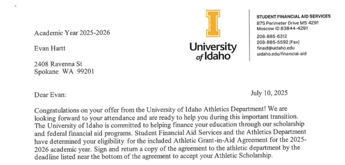 Hey coaches, I want to thank all of you for your interest in me. At this time I’ll be continuing my academic and athletic career and the university of Idaho. 

Go Vandals!