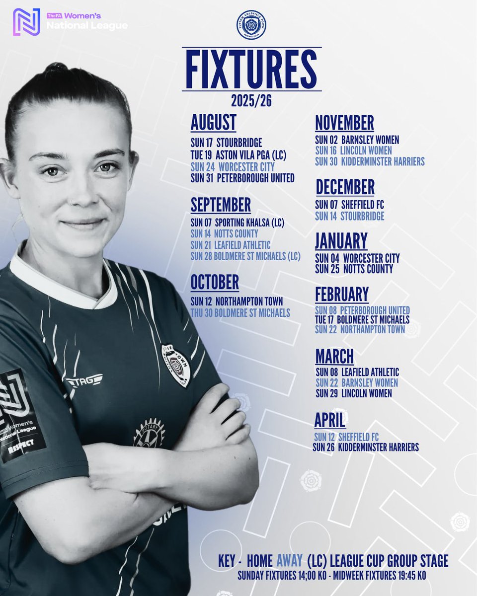 Sutton Coldfield Town FC Women (@sctfcwomen) on Twitter photo Mark your calendars! 🗓️
Here are your Royals fixtures for the <a href="/FAWNL/">FA Women's National League</a> 2025/26 season.
#COYR | #OurTown 🔵⚪️ Mark your calendars! 🗓️
Here are your Royals fixtures for the <a href="/FAWNL/">FA Women's National League</a> 2025/26 season.
#COYR | #OurTown 🔵⚪️