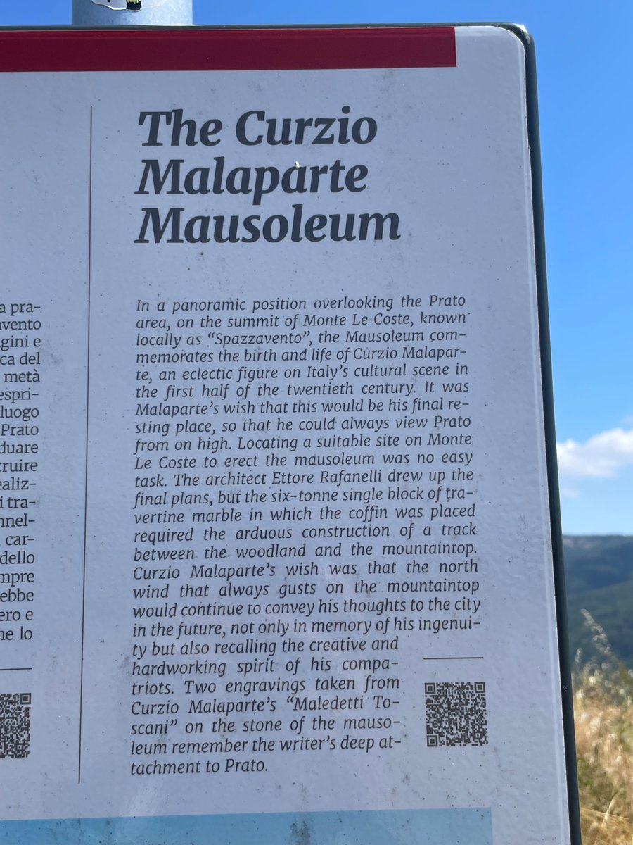 _michaelbarron's tweet image. Hiked to Curzio Malaparte’s mausoleum on the summit of Monte le Coste overlooking his Tuscan hometown, Prato. This was his wish and to honor it, workers installed a temporary track to haul up material.