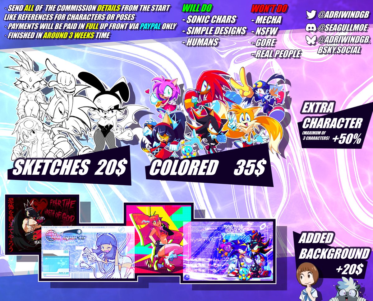 AdriWindGB's tweet image. COMMISSIONS ARE BACK ‼️
5 slots available
20€ (23$±) for a sketch
35€ (40$±) for colored
20€ (23$±) for added background
Up to TWO extra characters
Here's my full sheet and some recent examples of my work: