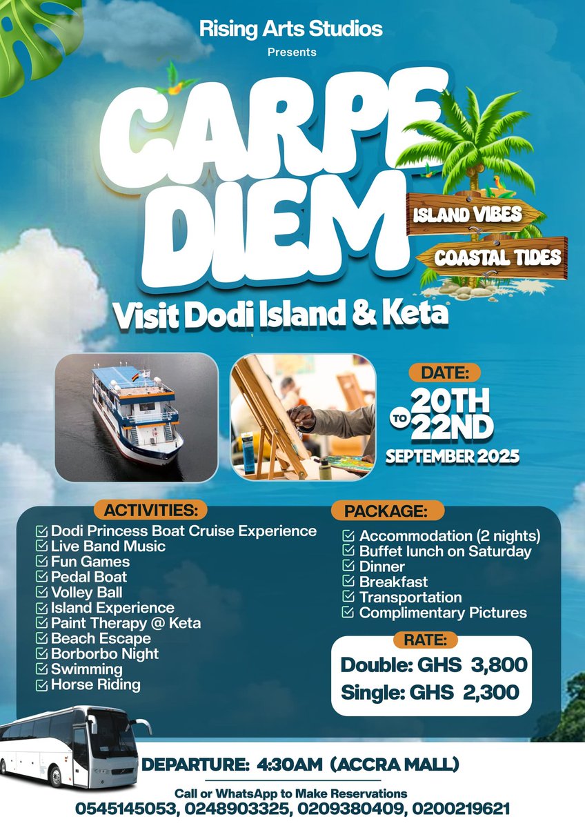 Rising Arts studios Presents Carpe diem
Double the Adventure-Dodi island and Keta Getaway!!!! September 20th -22nd 
#akosombo #tourgh #gh2025