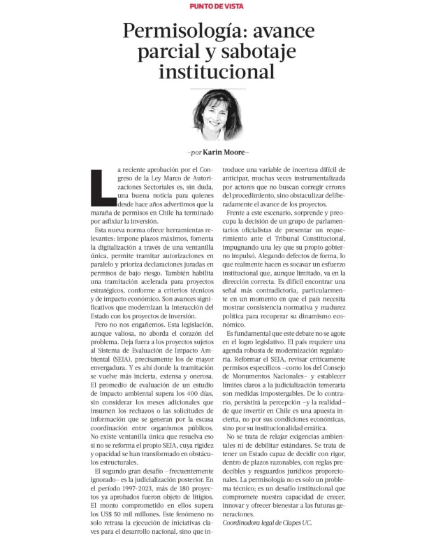 [COLUMNA <a href="/latercera/">La Tercera</a>] Nuestra coordinadora legal <a href="/MooreKarin/">Karin Moore</a> destacó que la aprobación de la #Ley Marco de Autorizaciones Sectoriales es un avance, pero no resuelve el problema central de la #permisología en Chile, especialmente en proyectos bajo el Sistema de Evaluación de