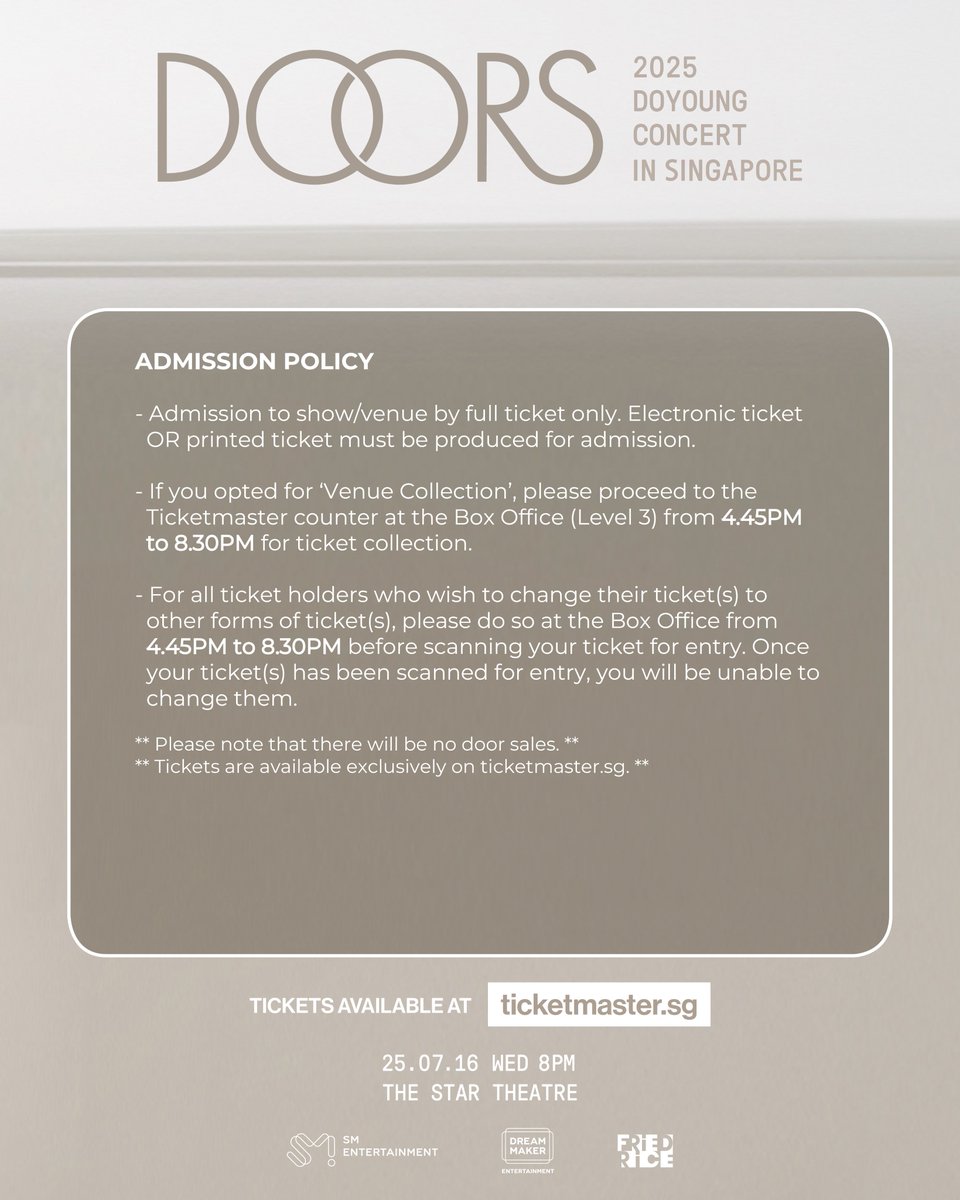 To ensure a smooth experience and an unforgettable evening with DOYOUNG at the concert, don't forget to check out the event guide before the show! 🎤🎶

🇸🇬 𝟮𝟬𝟮𝟱 𝗗𝗢𝗬𝗢𝗨𝗡𝗚 𝗖𝗢𝗡𝗖𝗘𝗥𝗧 [ 𝗗𝗼𝗼𝗿𝘀 ] 𝗶𝗻 𝗦𝗜𝗡𝗚𝗔𝗣𝗢𝗥𝗘

📅 Date: 16 July 2025 (Wed) 
📍 Venue: The