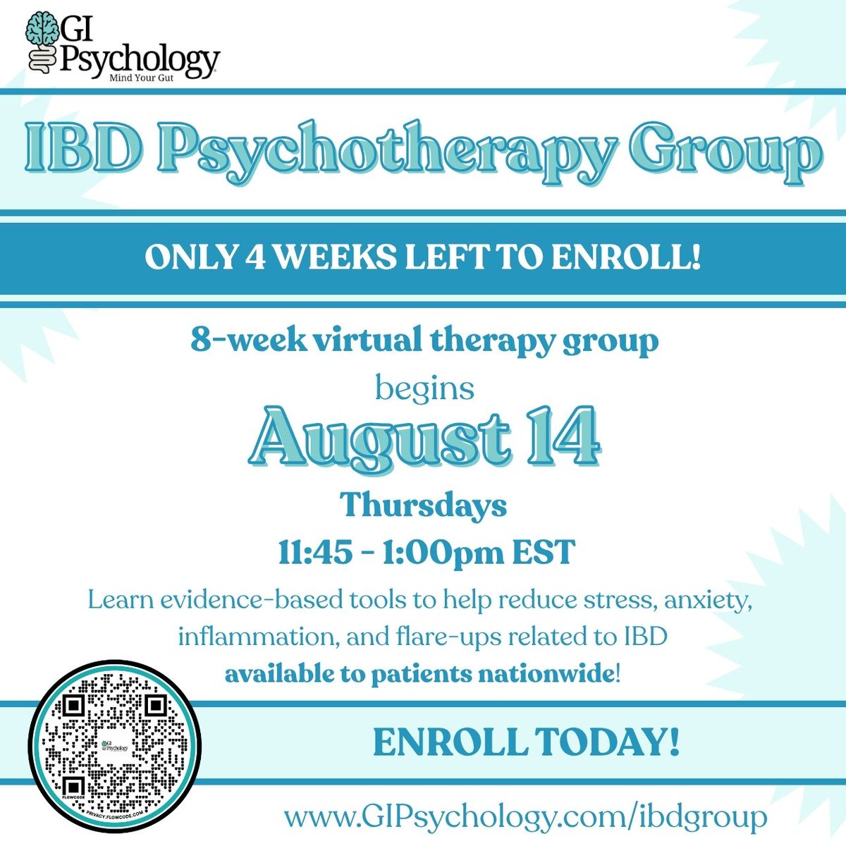 Do you have #Crohns or #Ulcerative? #GIPsychology virtual #IBD group starting August 14 is for adults looking for support, community &amp; effective coping tools. Explore mind-body strategies for managing IBD &amp; sign up here: GIPsychology.com/ibdgroup <a href="/CrohnsColitisFn/">Crohn's & Colitis Foundation</a> <a href="/AmCollegeGastro/">ACG</a>