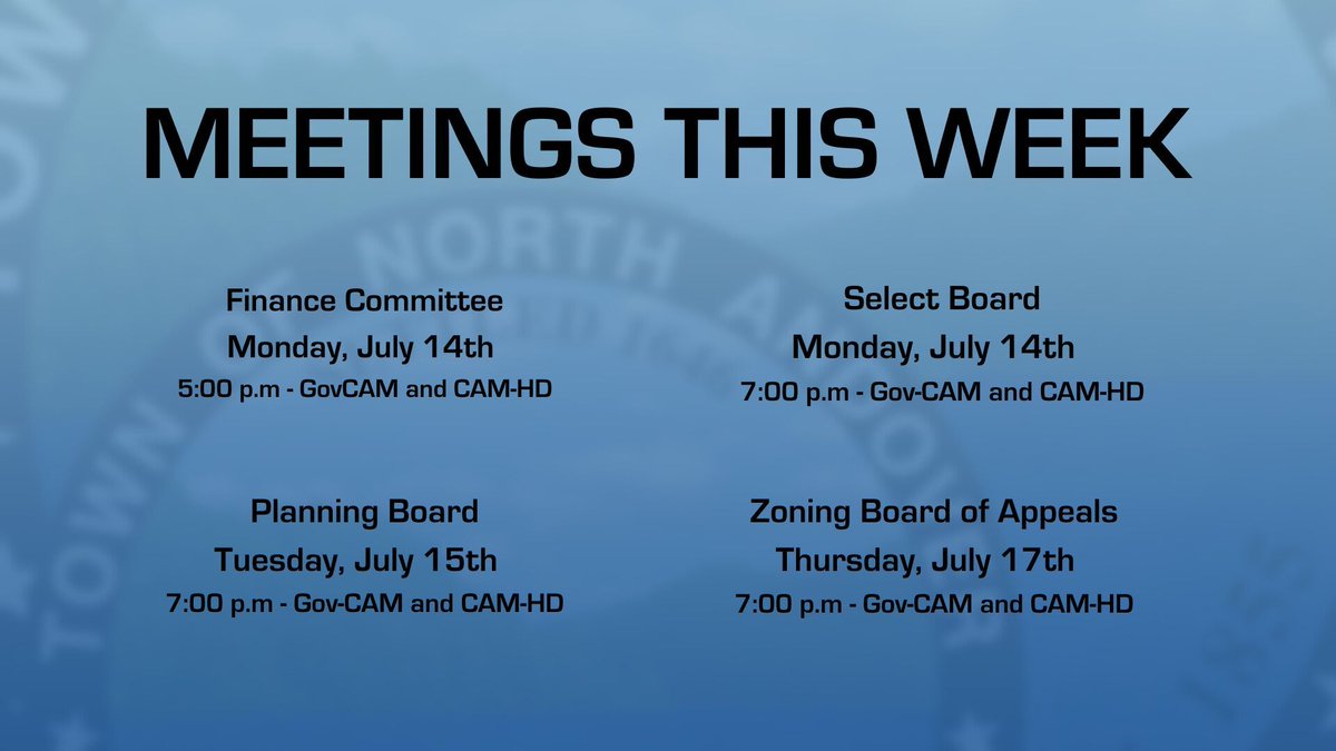 NorthAndoverCAM's tweet image. Watch live coverage of these board and committee meetings this week

Tune in on TV or on our website stream

Catch the replays on YouTube or our Podcast Feed

YouTube: buff.ly/403piBz 
Spotify: buff.ly/470Cvy2 
Apple Podcasts: buff.ly/4fXUDfX