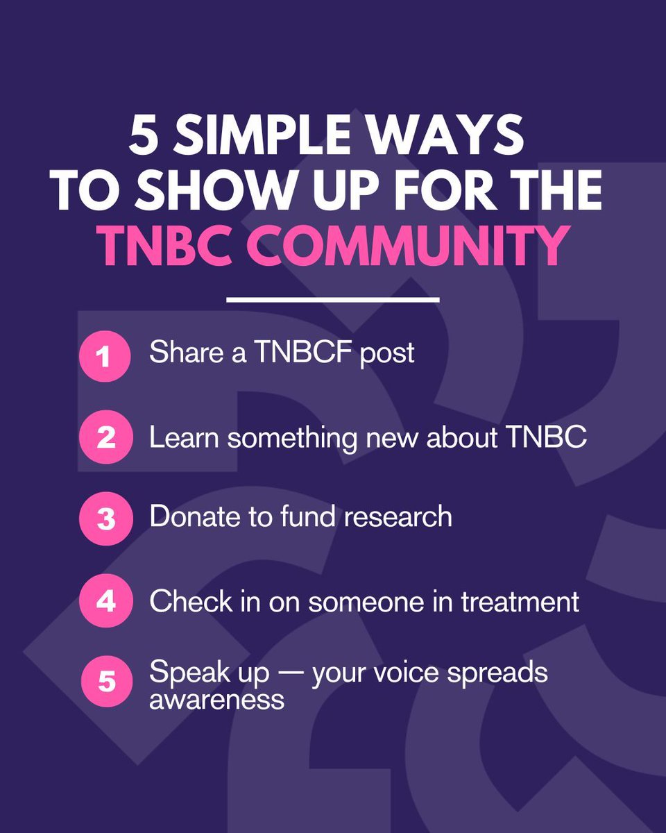 TNBCFoundation's tweet image. Every action matters. 💜 Whether you're a survivor, caregiver, or ally—your support counts.
5 ways to help:
💜 Share a TNBCF post
💜 Learn about TNBC
💜 Donate
💜 Check in on someone
💜 Speak up
Small actions = big impact.
#TNBCF #MotivationMonday #TNBCStrong #WaysToSupport