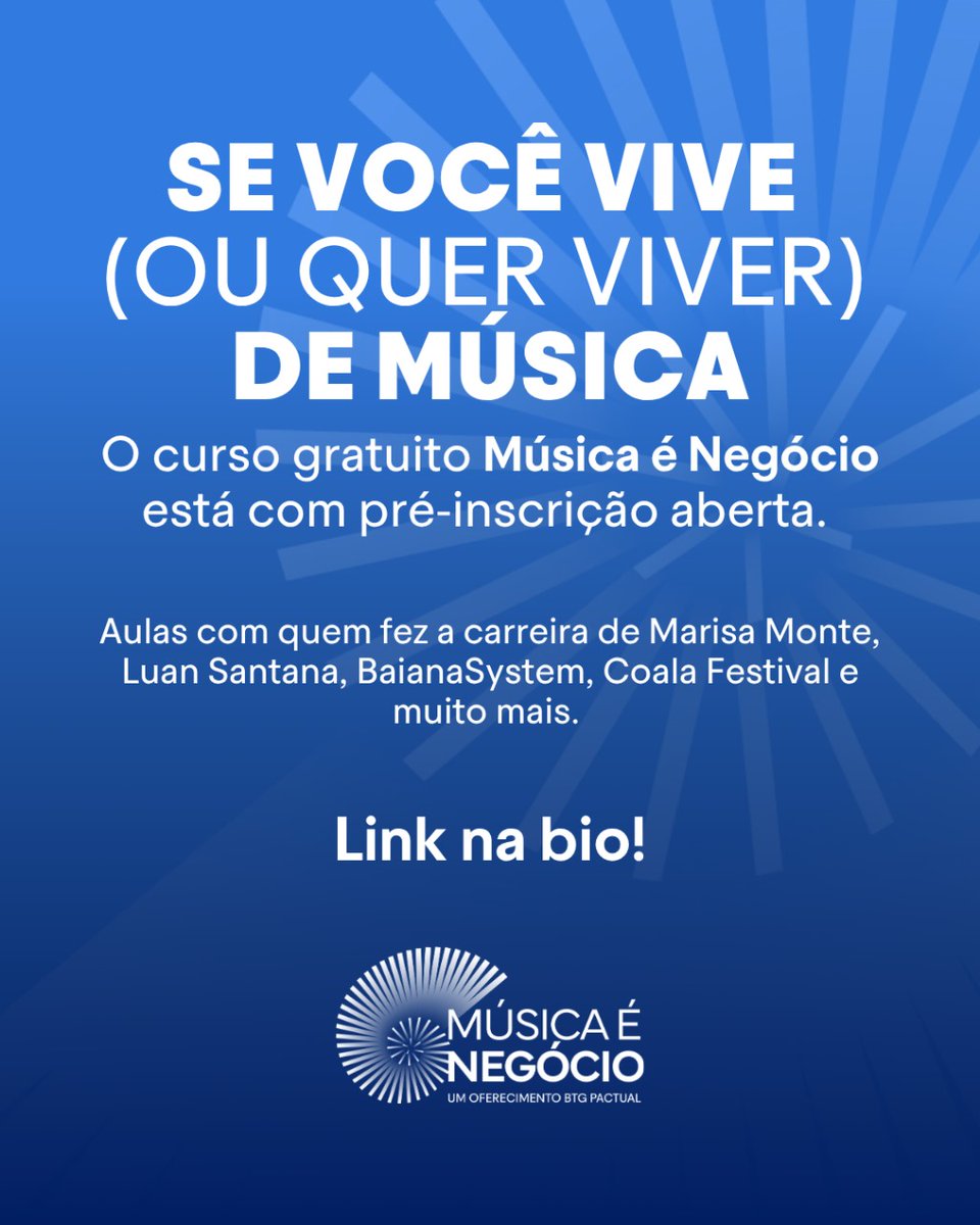 Quer viver de música?
O curso gratuito Música é Negócio, do Prêmio BTG Pactual da Música Brasileira em parceria com o Banco BTG Pactual, está com as pré-inscrições abertas.
Aprenda marketing, finanças, contratos e mais.
Online e direto ao ponto.
Link na bio.