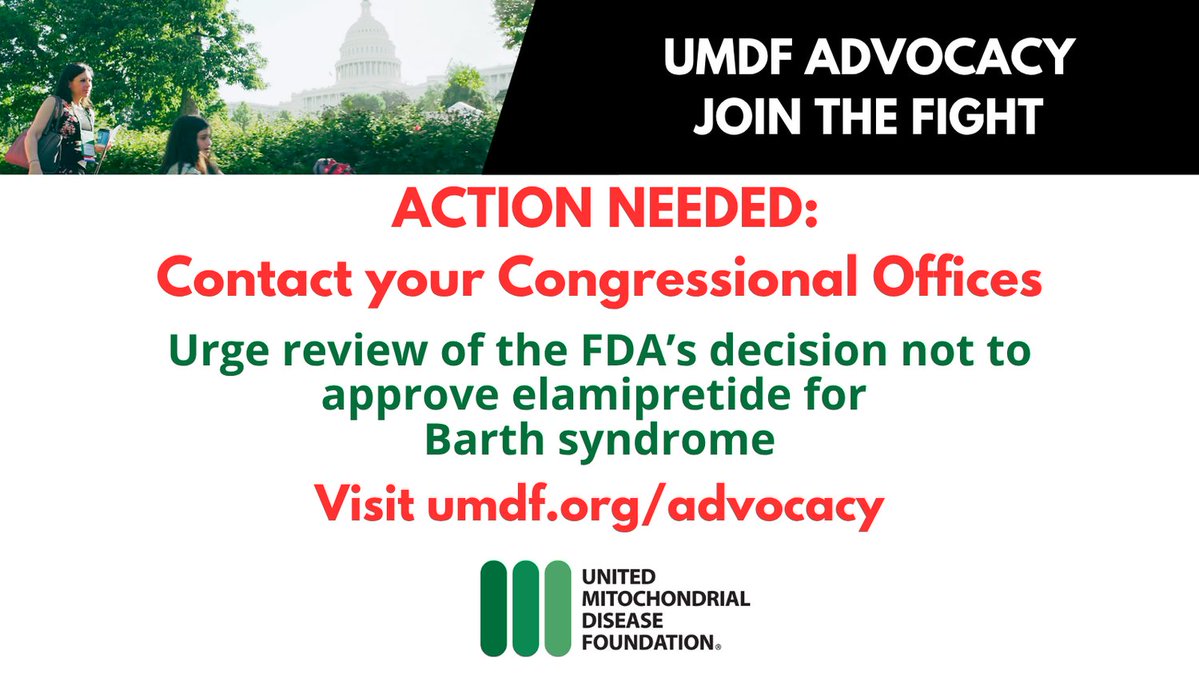 UMDF's tweet image. ADVOCACY ACTION: Ask your members of Congress to urge for review of the FDA’s #raredisease therapy review process. Take action at umdf.org/advocacy #GiftOfProgress #HopeForBarth