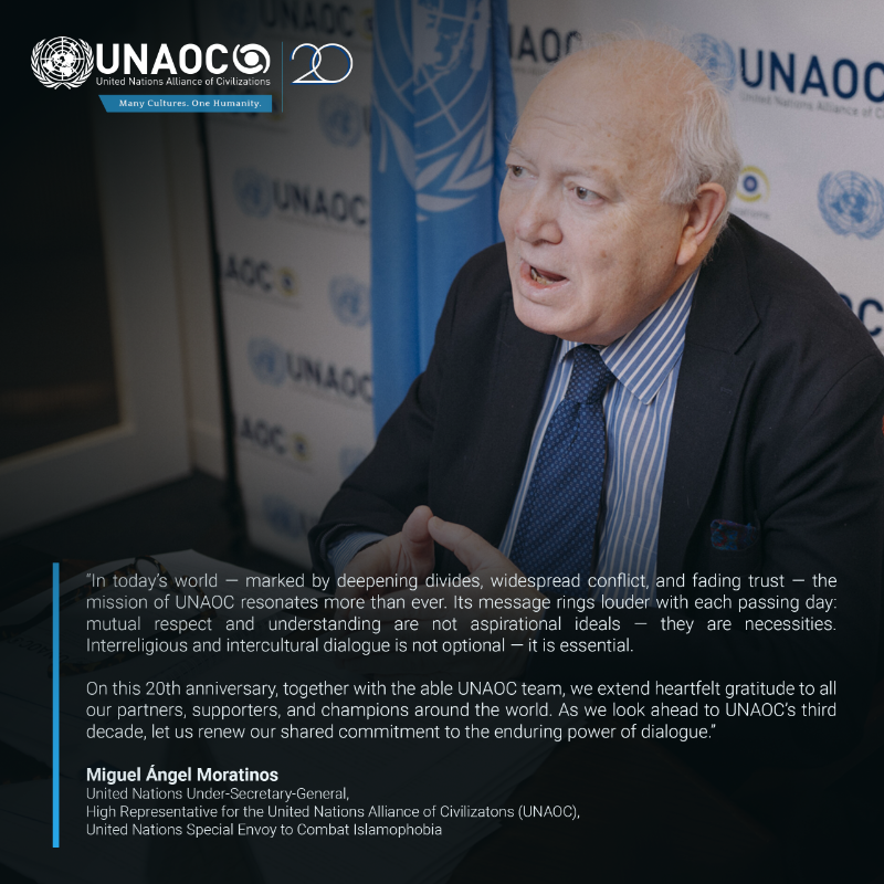 UNAOC's tweet photo. 🎉 Today marks 2️⃣0️⃣  years of #UNAOC: forging bridges, fostering dialogue &amp; celebrating ‘Many Cultures. One Humanity’.

🤝 As we look ahead to UNAOC’s third decade, let us renew our shared commitment to the enduring power of dialogue. 🌍

#UNAOCturns20