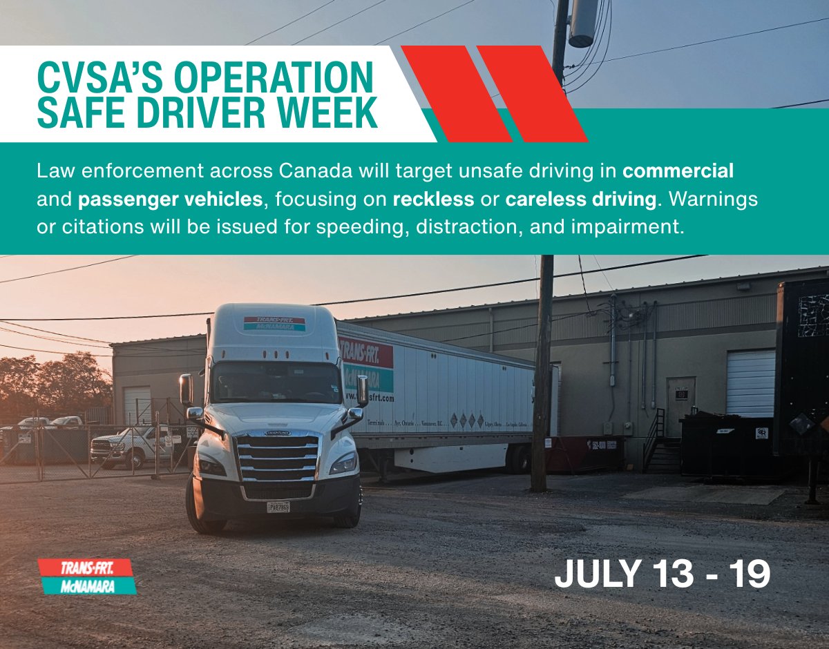 TransFrt's tweet image. From July 13 to 19, law enforcement across Canada will be on high alert for reckless, distracted, or impaired driving in both commercial and passenger vehicles.

🔗 hubs.li/Q03wHgYs0

#OperationSafeDriver #TruckSafety #CVSA #RoadSafety #DriveSmart #TransFrtMcNamara #TFM