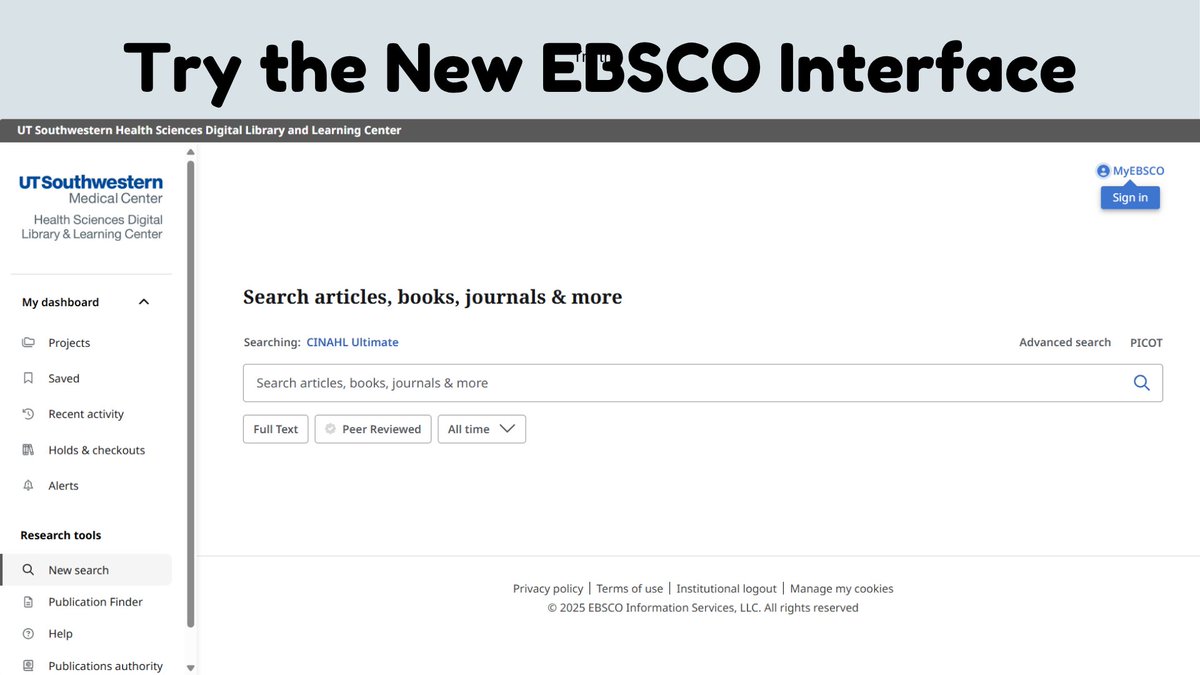 utswlibrary's tweet image. EBSCO is releasing a new accessible interface which will be live in August. This will impact resources like CINAHL, EconLit with Full Text, and more. Attend the upcoming July 23rd class or preview it using the link on the Library's website. ow.ly/REL250WhPHJ