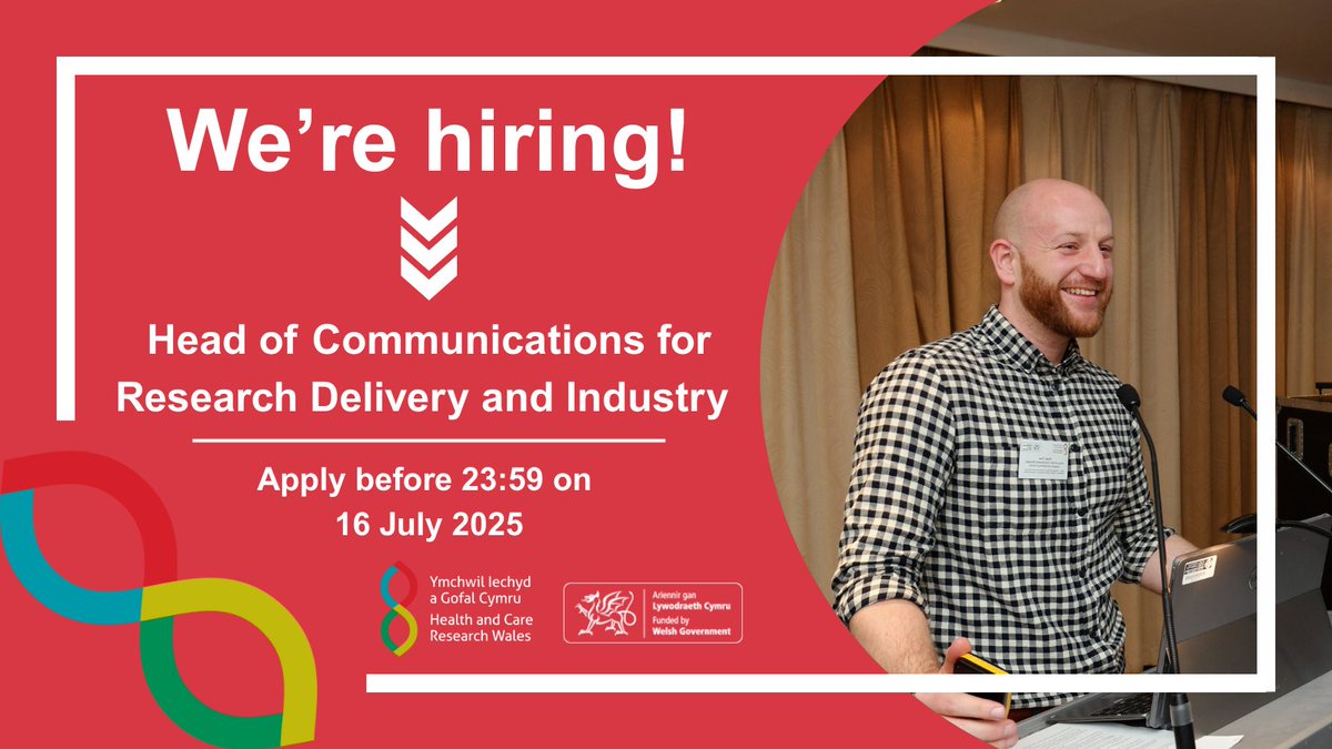 We're hiring a Head of Communications for Research Delivery and Industry.  

Lead strategic communications to showcase Wales as a global leader in health and social care research.  

Apply before 16 July: healthandcareresearchwales.org/head-communica… 

#vacancy #researchjobs #comms #commsjobs