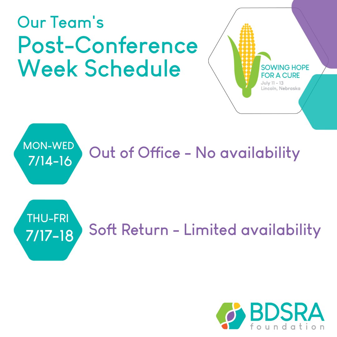 OFFICE HOURS: Our staff is getting a much-needed post-conference break this week, so check our availability!

#BattenAdvocatesForACure #BattenDisease #RareDisease #Conference #fyp