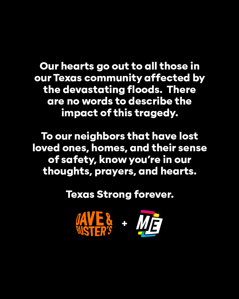 DaveandBusters's tweet image. Tomorrow, July 15th, we’ll be donating a portion of sales across all Dave & Buster’s and Main Event locations to Kerr County Flood Relief to help with flood recovery.
Alcohol sales excluded.