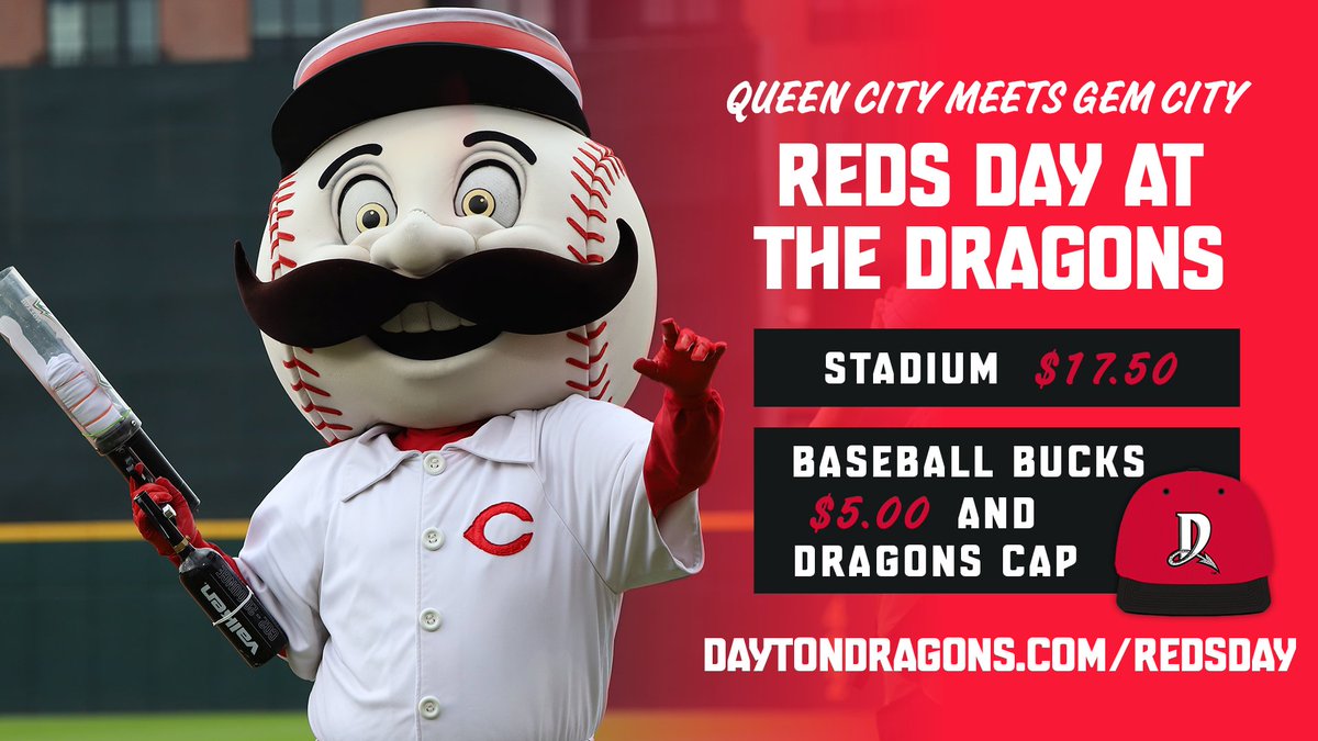 Reds Day at the Dragons is coming Sunday, August 24! ❤️⚾

Featuring Reds legend Barry Larkin, the Reds mascot &amp; Rally Pack, a plaza photobooth, and more!

For just $17.50, you’ll get a stadium seat, a red Dragons hat, and $5 in Baseball Bucks 🎟️ ➡️ daytondragons.com/redsday ht