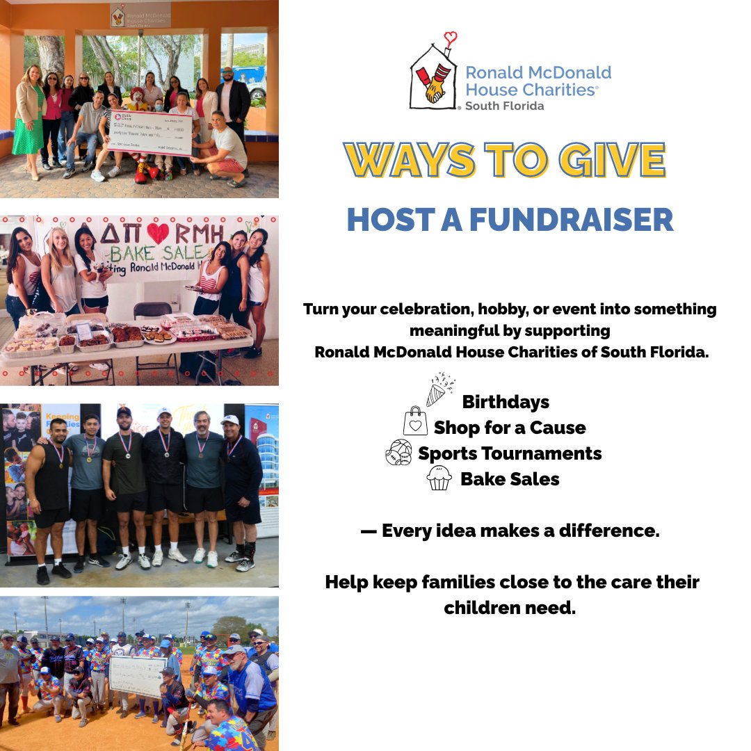 Make a difference! 🎉 Host a fundraiser for Ronald McDonald House Charities of South Florida. Your efforts keep families close to the care they need. 💛 Learn how ➡️ ow.ly/ZQx950WkzTX #RMHCSFL #KeepingFamiliesClose