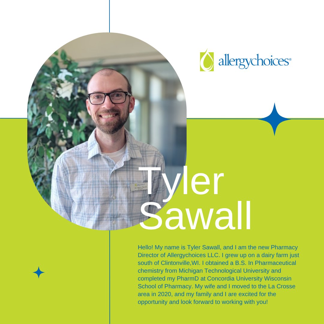 allergychoices's tweet photo. We are excited to introduce you to Allergychoices' newest 
Pharmacy Director, Tyler Sawall! Tyler moved to the La Crosse area in 2020, and he looks forward to working with you!

We are happy to have him on board!

#staff #allergychoices https://t.co/aAfpAsvBgj
