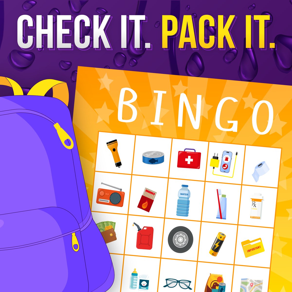 HCTRA's tweet image. How many can you check off? 🎒 Check it. Pack it. BINGO! Month 2 of hurricane season is here! Are you ready? Turn prep into a game with our BINGO card:
✅ Flashlight
✅ Water
✅ First Aid Kit
✅ Canned Goods
#HCTRA #HurricaneSeason #HurricanePrep #StormReady #BePrepared