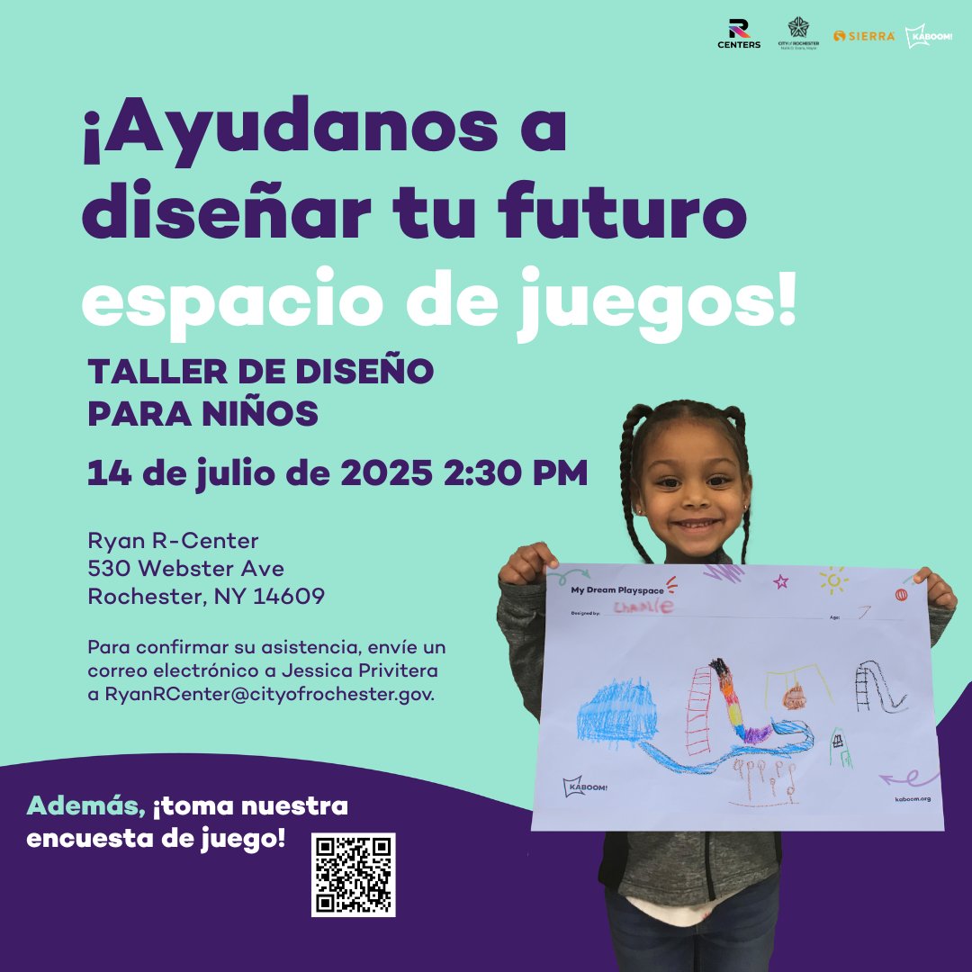 It’s not too late, Rochester! Come join us today at the Ryan R-Center to help design a brand-new playground! Grown-ups, we want to hear your ideas at 1 PM— And kids, your turn is at 2:30 PM (with playtime while adults meet)! We can’t wait to see you there!