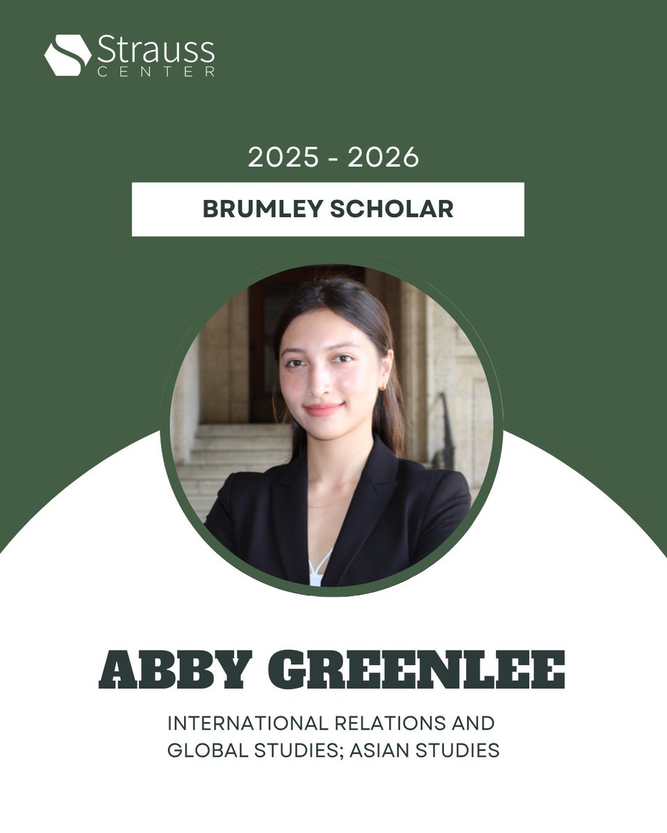 StraussCenter's tweet image. Meet our 2025-26 #StraussBrumley Scholars: Abby Greenlee
As a Brumley Scholar, Abby plans to study U.S. policies on China's 5G expansion and broader efforts to regulate Chinese technology.
Welcome, Abby!
bit.ly/BrumleyGreenlee