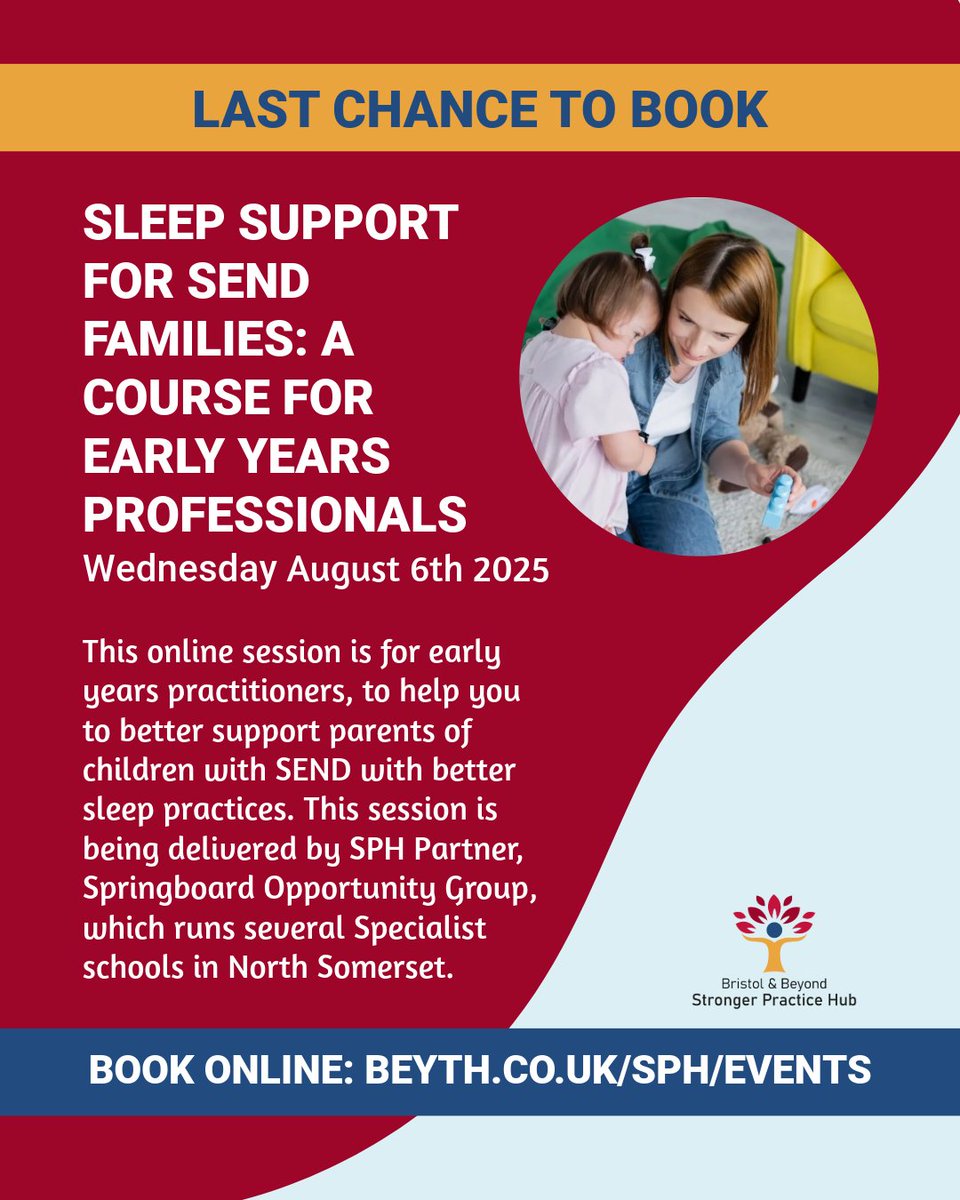 Bristol and Beyond Stronger Practice Hub (@bristol_ey_sph) on Twitter photo 🚨 LAST CHANCE TO BOOK! Sleep Support for SEND Families: Free Online Course for Early Years Professionals with strategies to support families + understand why sleep is crucial for development, behaviour & learning.
eu1.hubs.ly/H0lKrxH0
Delivered by <a href="/springboard_og/">Springboard OG</a>. 🚨 LAST CHANCE TO BOOK! Sleep Support for SEND Families: Free Online Course for Early Years Professionals with strategies to support families + understand why sleep is crucial for development, behaviour & learning.
eu1.hubs.ly/H0lKrxH0
Delivered by <a href="/springboard_og/">Springboard OG</a>.