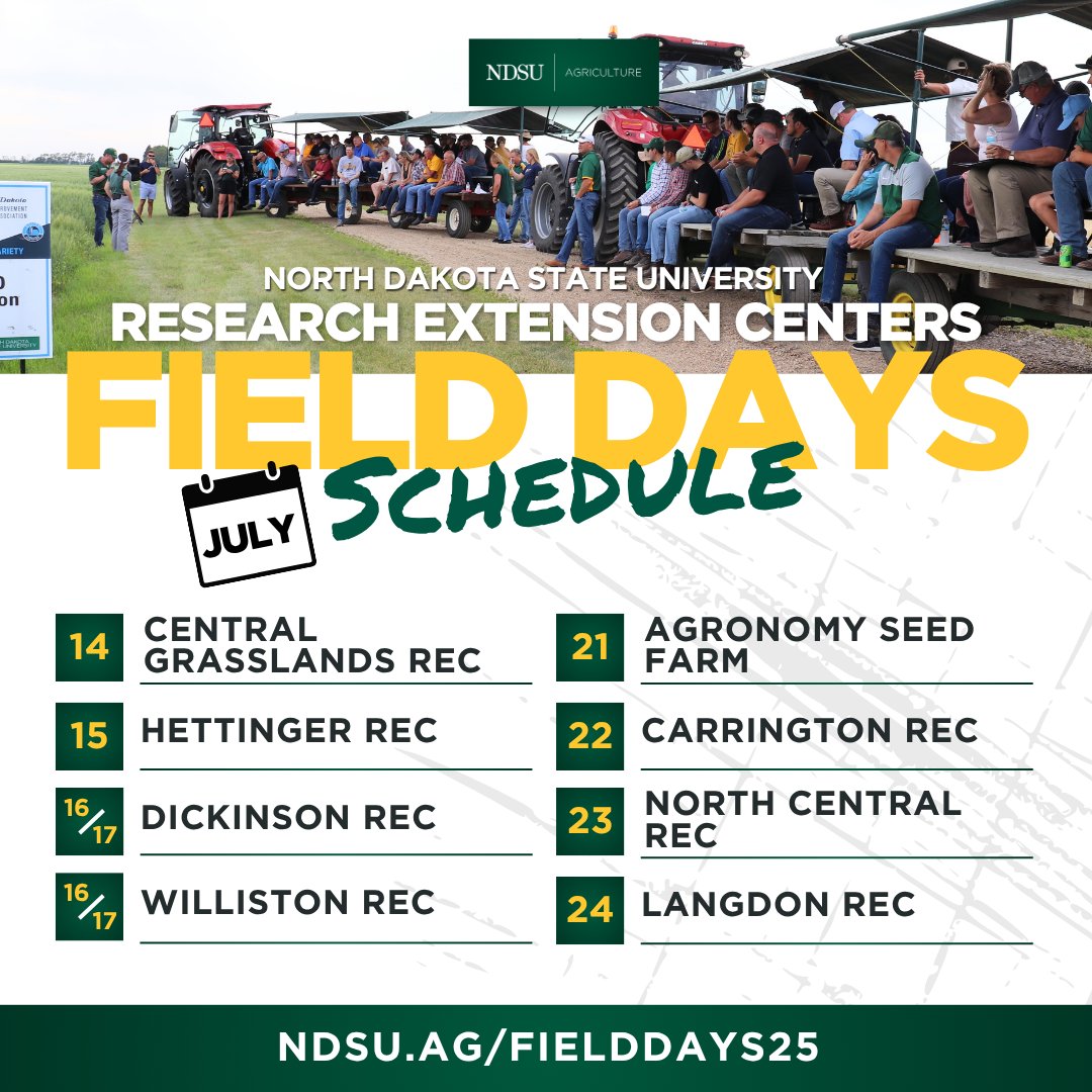 NDSUExtension's tweet image. The annual NDSU REC Field Days begin..... TODAY! Field Days are your chance to get an up close look at the latest in ag research happening across the state. Find all the details for this week and next >>> ndsu.edu/agriculture/ag…