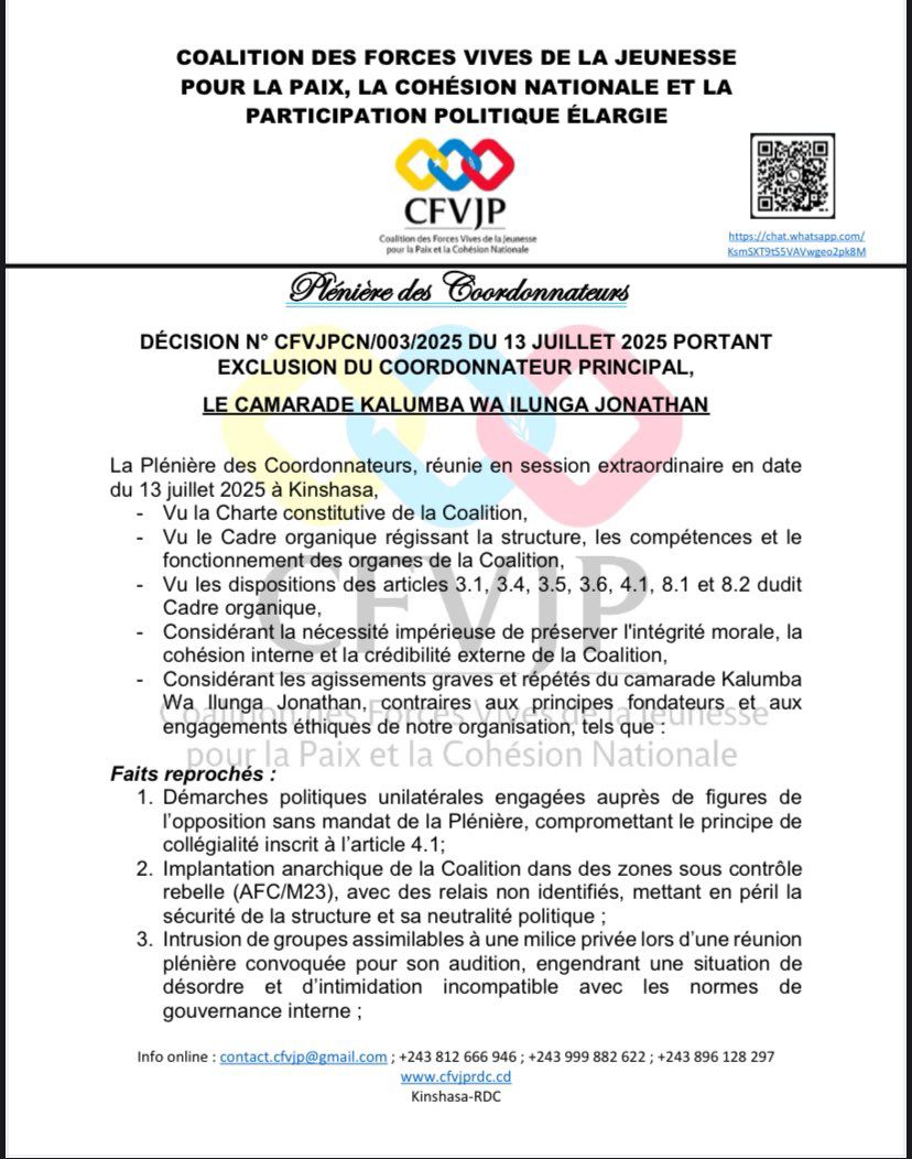 batuapa38042's tweet photo. Urgent 🚨 
Jonathan Kalumba @jkalumba49 est exclu de manière définitive de la Coalition des Forces Vives de la Jeunesse pour la Paix, la Cohésion Nationale et la Participation Politique Élargie.

Griefs retenus :
– Démarche unilatérale sans approbation de la plénière
–Et autres. https://t.co/eAhJrfQNZT